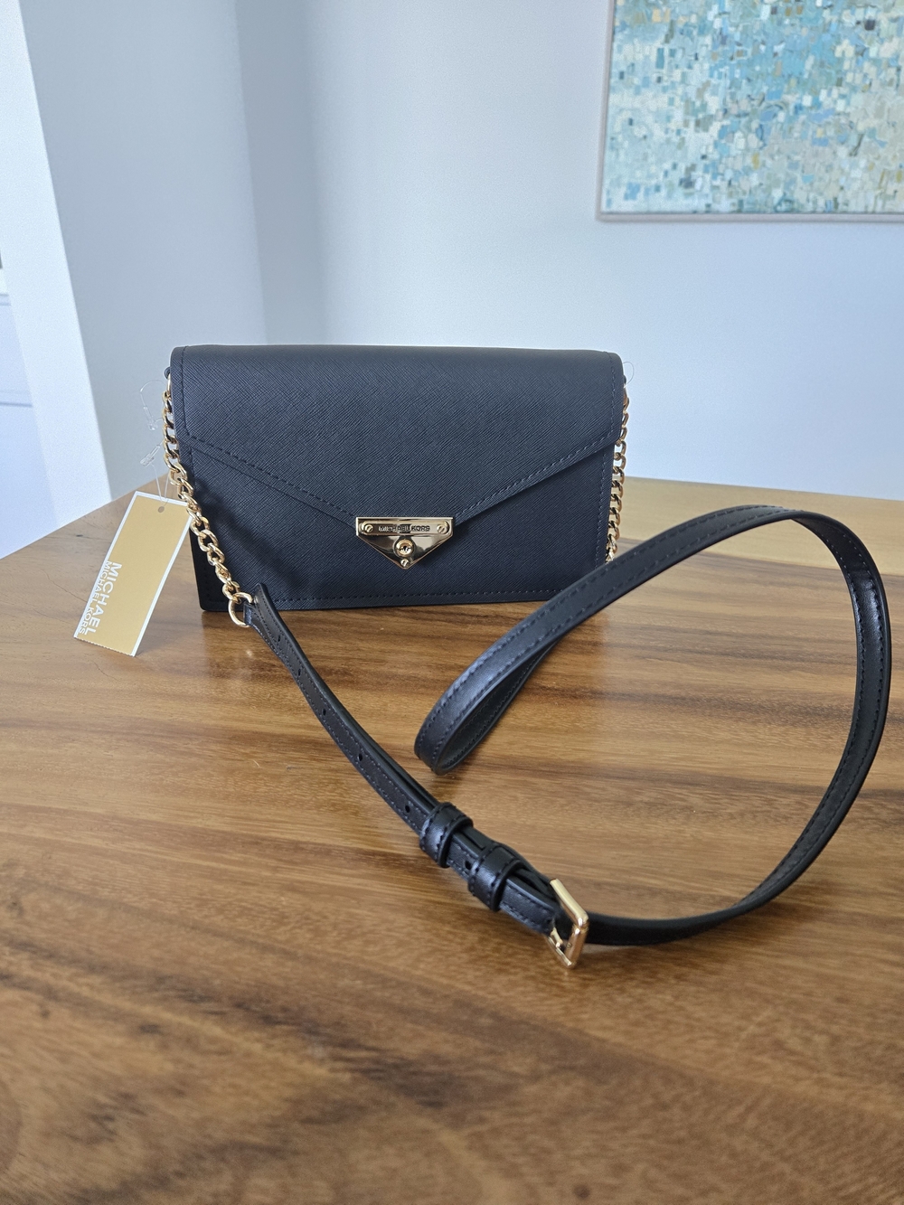 Michael Kors Black Leather Crossbody Bag with Gold Chain
